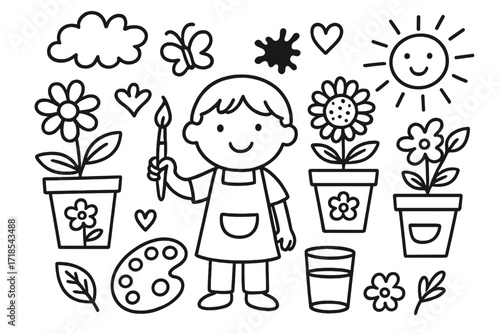 Kids Flower Pot Doodles. Hand-drawn doodle illustration kids painting flower pots flower pot, paintbrush, paint palette, paint splatter, smiling child, apron,