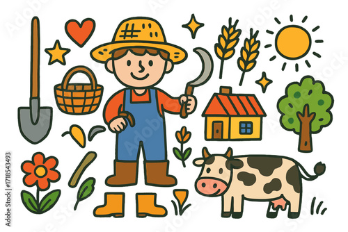 Peasant's Colorful Life. Peasant. Colorful Hand-drawn doodle Children illustration straw hat, basket, sickle, shovel, star, heart, sparkle, wheat, cottage,