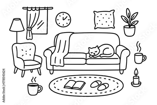 Cozy Nap Illustration. Hand-drawn doodle illustration Lazy afternoon nap sofa, pillow, blanket, cat, book, mug, slippers, candle, rug, chair, lamp, clock,