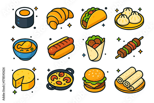 Global Cuisine Icons. Colorful isometric vector icons set of Global cuisine symbols: sushi roll, croissant, taco, dumplings, curry bowl, bratwurst, falafel