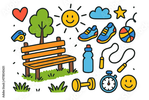 Outdoor Fitness Fun. Colorful Hand-drawn doodle Children illustration Outdoor fitness park bench, tree, sun, sneakers, ball, whistle, water bottle, jump rope,