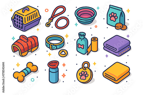 Pet Emergency Gear Icons. Colorful isometric vector icons set of roadside pet emergency gear: pet carrier, leash, collapsible bowl, pet food, dog jacket,