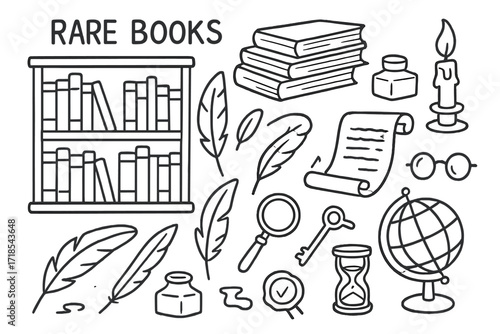 Rare Books Doodles. Hand-drawn doodle illustration Rare books collection, bookshelf, stacked books, quill, ink bottle, parchment, candle, feather, magnifying