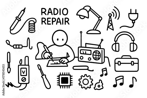 Radio Repair Doodles. Hand-drawn doodle illustration Radio repair station soldering iron, wire coil, radio set, resistor, technician figure, screwdriver,