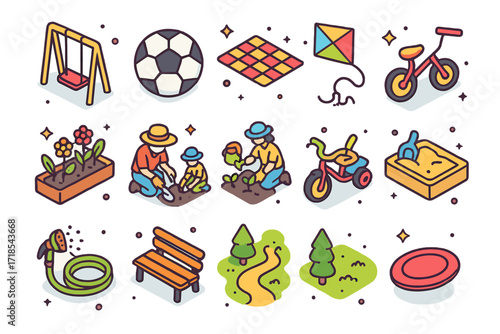 Playful Outdoor Icons. Outdoor Fun. Colorful isometric vector icons set of outdoor fun: playground swing, soccer ball, picnic blanket, kite flying, flower bed,
