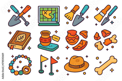Archaeology Icons Collection. Colorful isometric vector icons set of archaeology-inspired classroom objects: excavation tools, grid map, brush and trowel,