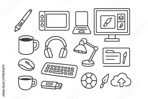 Digital Artist's Toolkit. Hand-drawn doodle illustration Digital artist tablet pen, graphic tablet, laptop, monitor, stylus, mouse, keyboard, coffee cup,