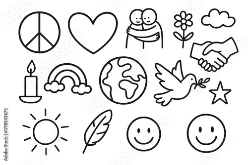 Symbols of Peace. Hand-drawn doodle illustration Love and compassion peace symbol, heart, hugging people, handshake, flower, candle, rainbow, globe, dove,
