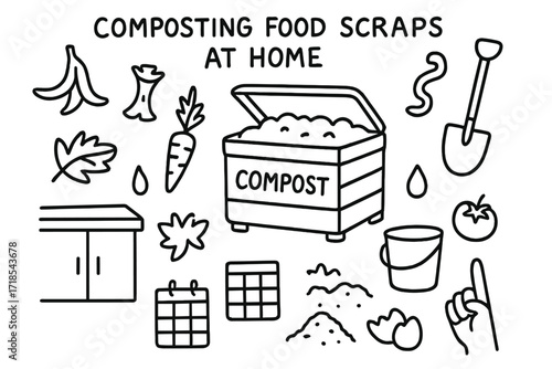 Home Composting Essentials. Hand-drawn doodle illustration Composting food scraps at home [compost bin, banana peel, apple core, carrot top, leaf, shovel,
