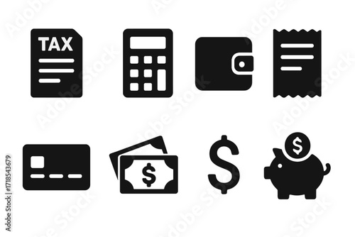 Finance Icon Set. Solid, filled icon set of taxes and expenses: tax form, calculator, wallet, receipt, credit card, bills, dollar sign, piggy bank. Solid,