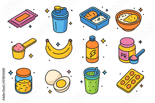 Colorful Nutrition Icons. Colorful isometric vector icons set of CrossFit nutrition and fuel: protein bar, shaker bottle, meal prep container, chicken and rice