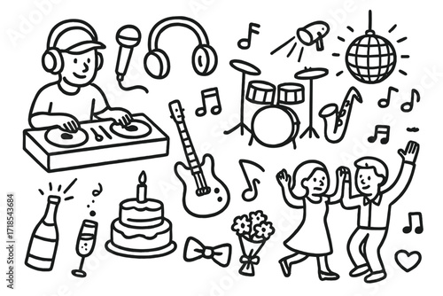 DJ and Band Doodles. Hand-drawn doodle illustration DJ and band collaboration DJ table, headphones, microphone, guitar, drum set, saxophone, disco ball,