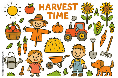 Harvest Time Fun. Colorful Hand-drawn doodle Children illustration Harvest Time scarecrow, pumpkin, apples, basket, haystack, tractor, sunflowers, corn,