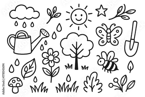 Garden Doodle Elements. Hand-drawn doodle illustration Dew in the garden [watering can, flower, leaf, dew drops, tree, grass, butterfly, bee, shovel, sun,