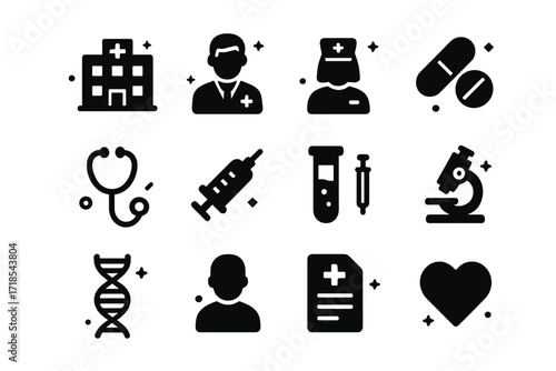 Healthcare Icons Grid. Healthcare. Solid icons set of healthcare: hospital, doctor, nurse, stethoscope, syringe, pill, DNA helix, test tube, microscope,