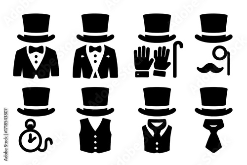 Dapper Icon Set. Solid, filled icon set of top hat combined outfits: tuxedo, tails, gloves, cane, monocle, pocket watch, waistcoat, cravat. Solid, filled icons
