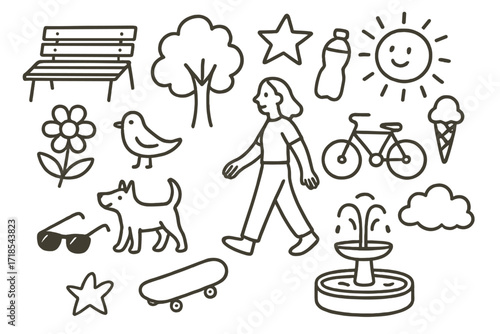 Summer Park Doodles. Hand-drawn doodle illustration summer park stroll bench, tree, flower, bird, dog, bicycle, water bottle, ice cream, star, sun, sunglasses,