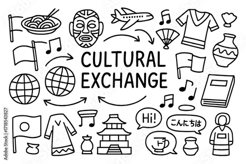 Global Cultural Exchange. Cultural exchange. Hand-drawn doodle illustration cultural exchange globes, airplanes, flags, traditional food, masks,