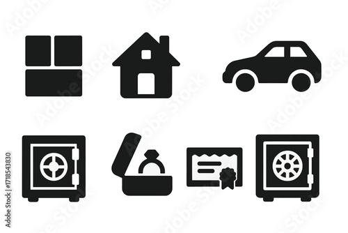 Estate Assets Icons. Solid, filled icon set of estate assets: land plot, house, car, banknotes, vault, jewelry box, shares certificate, safe. Solid, filled