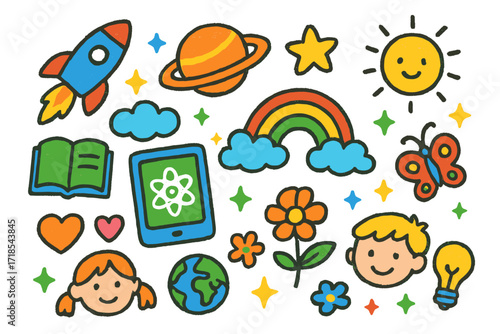 Colorful Science Doodle. Colorful Hand-drawn doodle Children illustration Science Apps rocket, planet, star, rainbow, sun, cloud, tablet, book, sparkles,