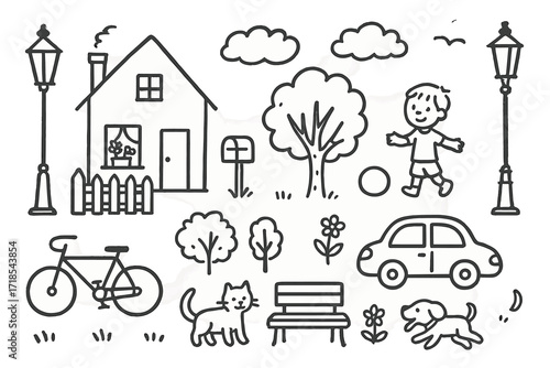 Street Lamp Doodle. Hand-drawn doodle illustration Street lamps in residential areas [lamp post, house, fence, tree, mailbox, car, bicycle, child, ball, dog,