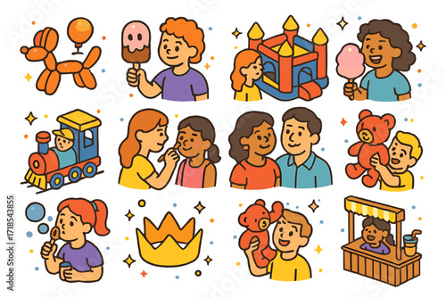 Summer Fest Icons. Colorful isometric vector icons set of kids enjoying the summer fest: balloon animal, ice cream face, mini train ride, bounce house, face