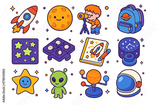 Astronomy Icons for Kids. Colorful isometric vector icons set of Astronomy for kids: cartoon rocket, smiling planet, child with telescope, space backpack,