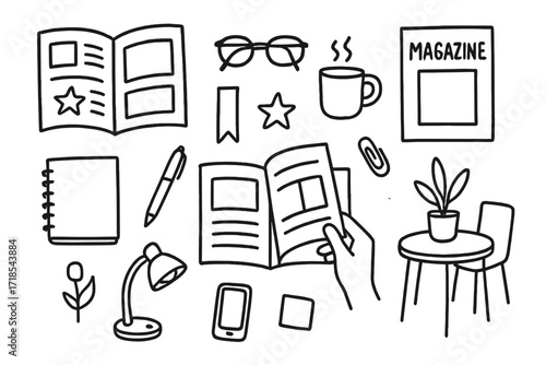 Doodle Magazine Exploration. Hand-drawn doodle illustration Flipping through a magazine [open magazine, closed magazine, hand turning page, glasses, coffee