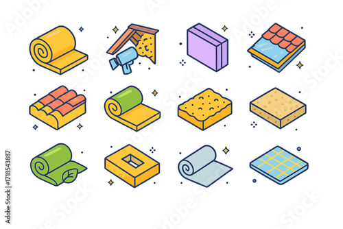 Colorful Roof Insulation Icons. Colorful isometric vector icons set of roof insulation: rolled fiberglass, spray foam under roof deck, rigid foam panels,