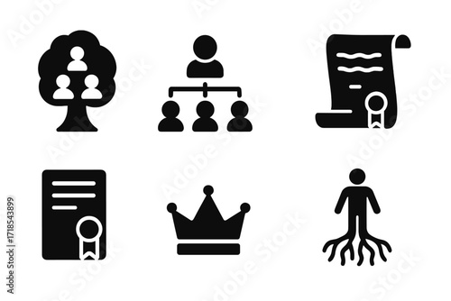 Heritage Icon Grid. Solid, filled icon set of lineage and heritage: family tree, genealogy chart, old portrait, scroll, seal, historical document, royal