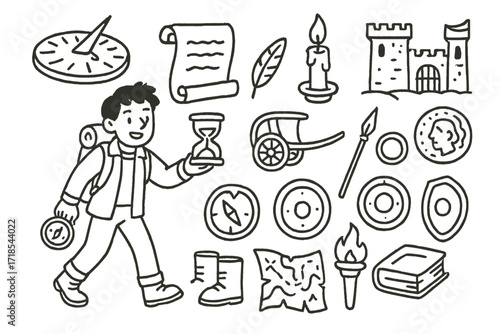 Time Traveler's Doodles. Hand-drawn doodle illustration time traveler exploring the past sundial, scroll, candle, feather quill, castle, chariot, ancient coin,