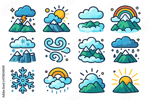 Colorful Mountain Weather Icons. Colorful isometric vector icons set of Mountain weather phenomena: thunderstorm in peaks, sunbeam through clouds, dense valley