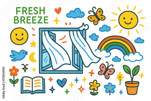Colorful Doodle Fantasy. Colorful Hand-drawn doodle Children illustration Fresh Breeze Curtains open window, waving linen curtains, butterflies, flowers,
