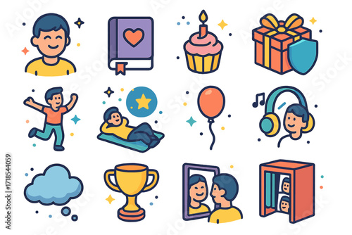 Unshared Happiness Icons. Colorful isometric vector icons set of unshared happiness moments: person smiling alone, private journal, celebratory cupcake with