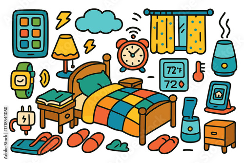 Smart Bedroom Doodle. Colorful Hand-drawn doodle Children illustration Smart bedroom bed, bedside lamp, alarm clock, smart curtain, thermostat, diffuser,