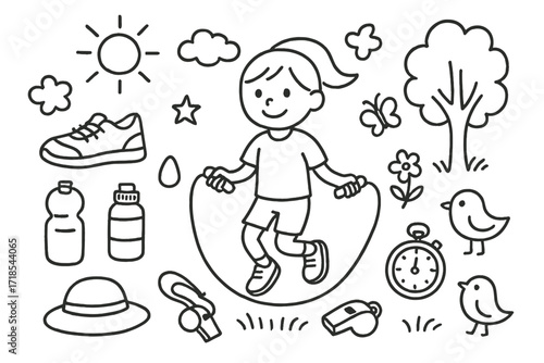 Jump Rope Doodle. Hand-drawn doodle illustration Outdoor rope skipping [jump rope, sun, cloud, tree, grass, sneakers, water bottle, sweat droplet, star,