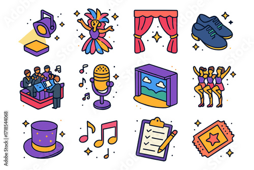 Musical Theater Icon Set. Colorful isometric vector icons set of a musical theater production: spotlight on stage, singer in vibrant costume, velvet curtain,