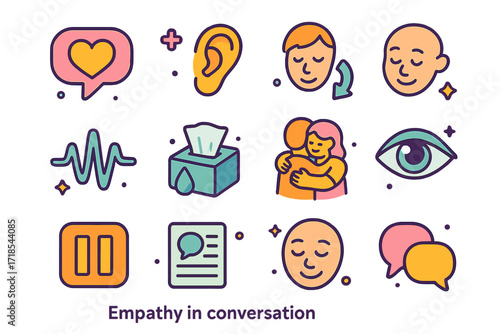 Empathy Icon Set. Colorful isometric vector icons set of empathy in conversation: heart-shaped speech bubble, listening ear icon, open palms gesture, nodding