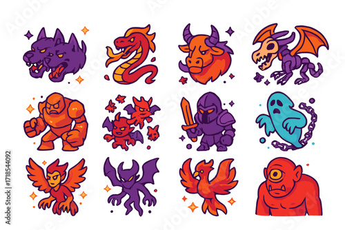 Mythical Creatures Icons. Colorful isometric vector icons set of mythological hell creatures: cerberus head, fire serpent, horned minotaur, bone dragon, lava