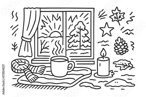 Cozy Winter Morning. Hand-drawn doodle illustration winter morning window view frosted glass, mug of tea, steaming cup, frost lines, snowy tree, wool scarf,