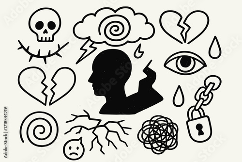 Heavy Mind Doodle. Hand-drawn doodle illustration Heavy mind shadow [person silhouette, shadow, storm swirl, cracked ground, broken heart, crying eye, skull,