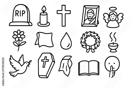 Funeral Symbols Doodle. Hand-drawn doodle illustration funeral customs and symbols tombstone, candle, cross, framed photo, flower, handkerchief, teardrop,