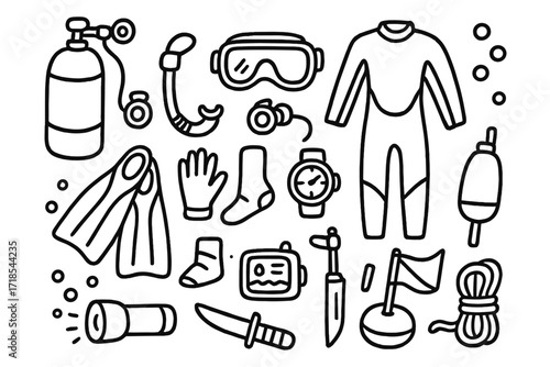 Scuba Diving Gear Doodles. Hand-drawn doodle illustration scuba diving equipment oxygen tank, regulator, diving mask, snorkel, fins, wetsuit, gloves, boots,