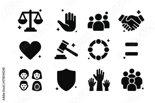 Fairness Icons Collection. Fairness. Solid icons set of balanced scale, open hand, group of people, handshake, heart, justice hammer, inclusive circle,
