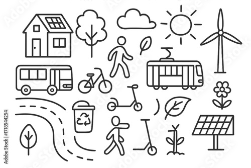 Eco-Friendly City Doodle. Hand-drawn doodle illustration Green city planning [eco house, bus, tram, bicycle, scooter, pedestrian, tree, leaf, recycling bin,