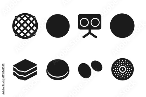 Electronic Drum Set Icons. Solid, filled icon set of electronic drum muting: mesh heads, rubber pads, trigger pads, foam mutes, noise dampeners, practice pads,