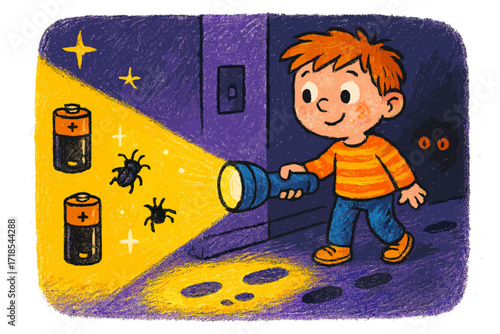 Child with Flashlight Adventure. Colorful Hand-drawn doodle Children illustration Using a Flashlight flashlight, glowing beam, dark room, batteries, shadow,