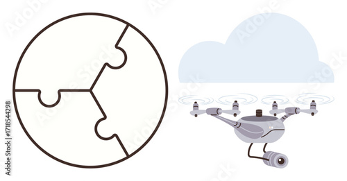 Circular puzzle pieces representing collaboration alongside a surveillance quadcopter equipped with a camera near a cloud. Ideal for technology, security, teamwork, innovation, problem-solving, data