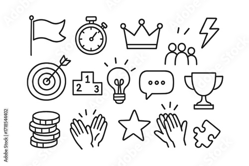 Workplace Icon Doodles. Hand-drawn doodle illustration workplace challenges and competitions flag, stopwatch, crown, lightning bolt, goal icon, leaderboard,