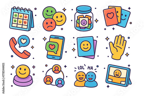 Emotional Wellness Tool Icons. Colorful isometric vector icons set of emotional wellness tools: mood tracker, smiley stickers, worry jar, emotion cards,